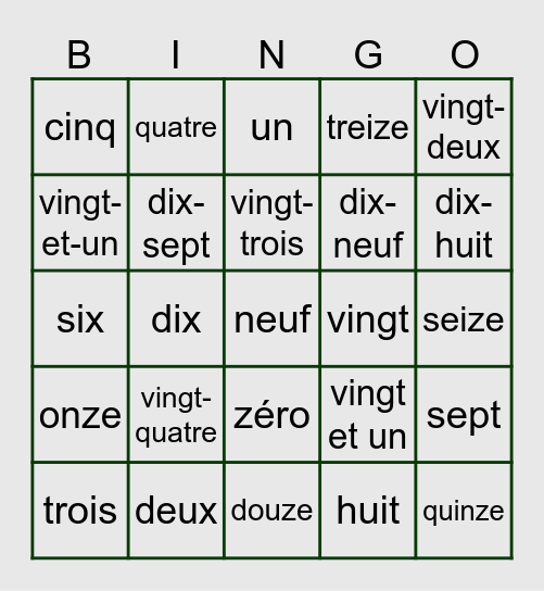 Nombres en lettres, jusqu'à 24 Bingo Card