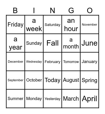 ESL - Days, months & seasons Bingo Card