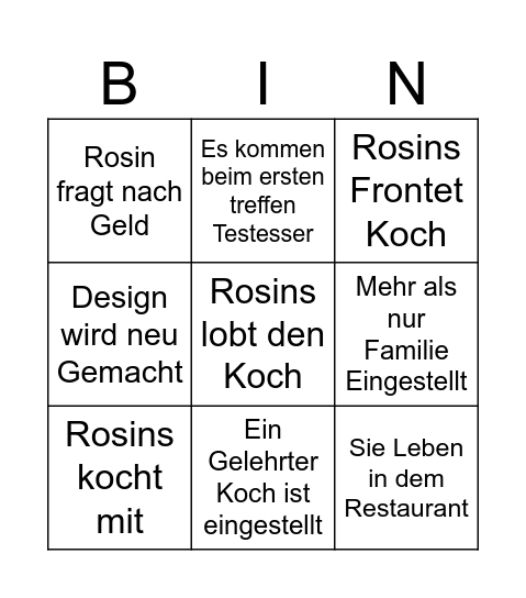 Rosins Restaurant Bingo Card