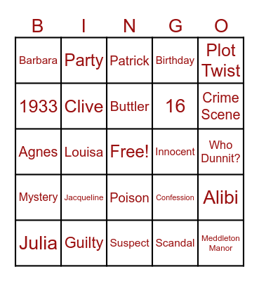Murder Mystery Bingo Card