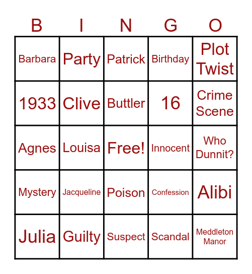 Murder Mystery Bingo Card