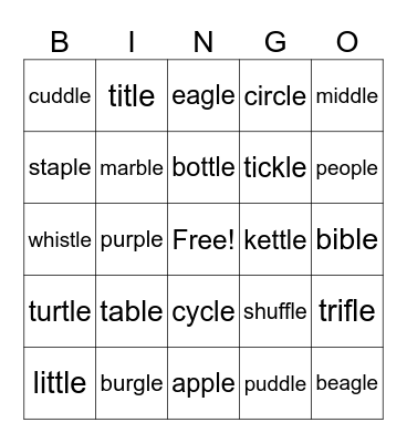 Words ending in -le Bingo Card