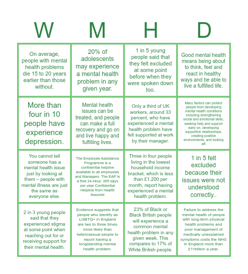 World Mental Health Day Bingo Card