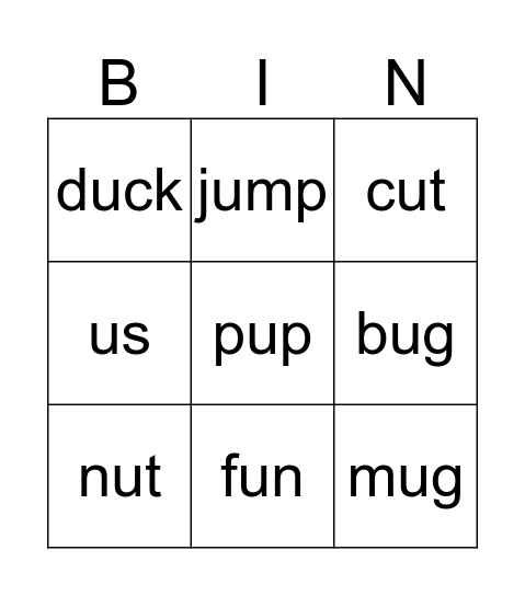 Short " U" Words Bingo Card