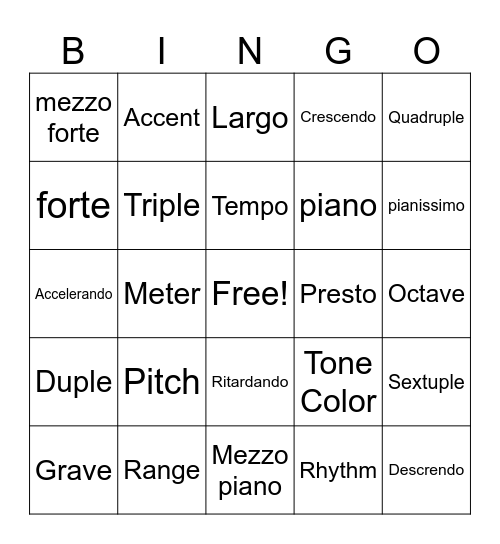 Rhythm Bingo Card