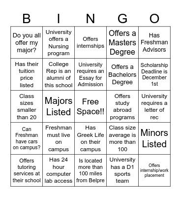 College Fair Bingo! Bingo Card