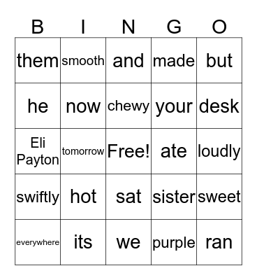 Parts of Speech Bingo Card