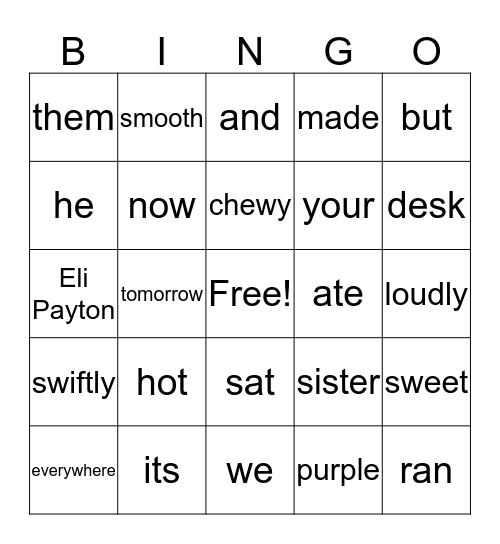 Parts of Speech Bingo Card