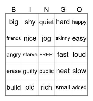 Synonymn/Antonym Bingo Card