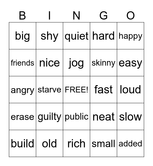 Synonymn/Antonym Bingo Card