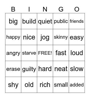 Synonymn/Antonym Bingo Card