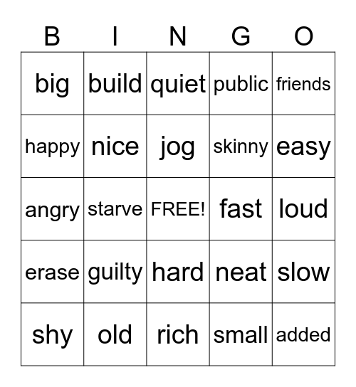 Synonymn/Antonym Bingo Card