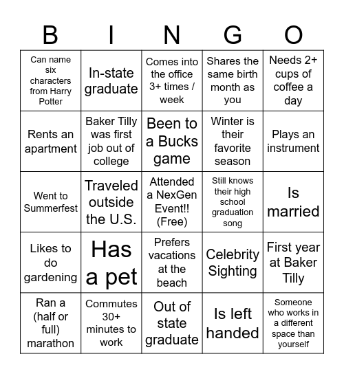 Get to know ya - NexGen BINGO Card