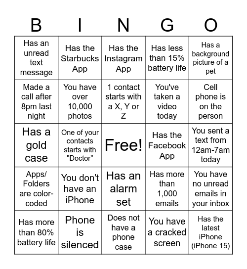 What's on Your Phone? Bingo Card