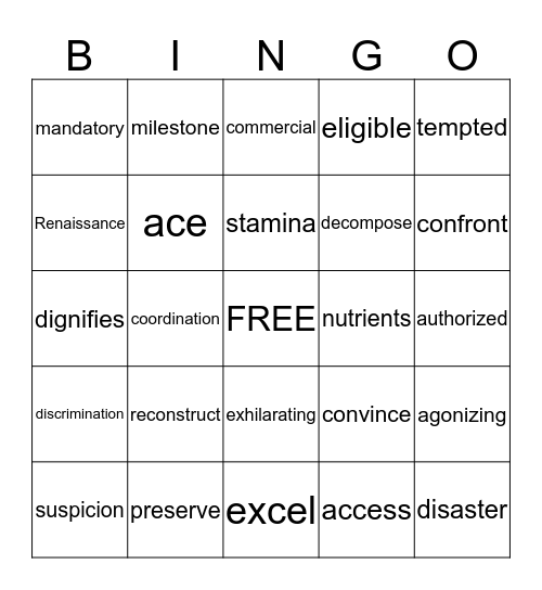 Level G Bingo Card