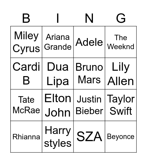 Pop Music - Guess the singer Bingo Card