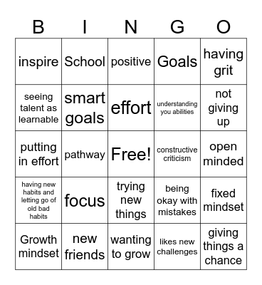Growth Mind set Bingo Card