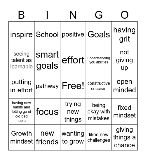 Growth Mind set Bingo Card