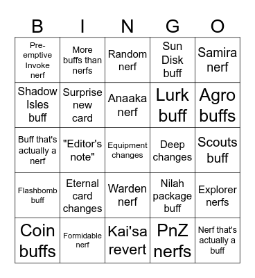 LoR Patch notes Bingo Card