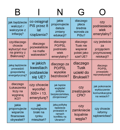 Debata w TVP Bingo Card