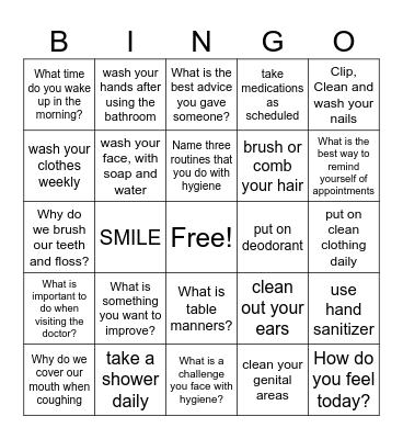 Hygiene Bingo Card