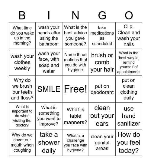Hygiene Bingo Card