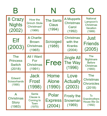 Christmas Movie BINGO Card