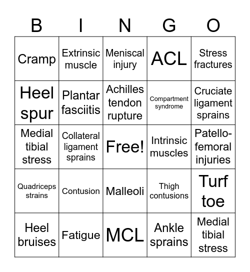 Sports Med vocab Bingo Card
