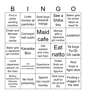 Japan Trip 2023 Bingo Card