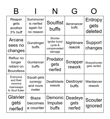 October KR Balance Patch Bingo Card