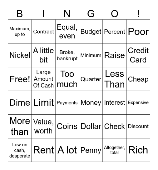 ASL 2 Money Bingo Card