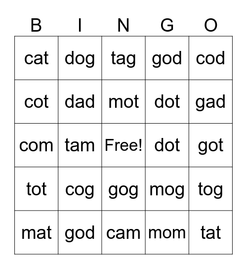 Short /o/ Words Bingo Card