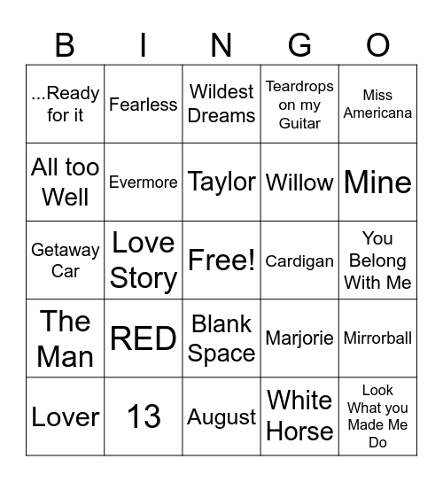 Taylor Swift Bingo Card