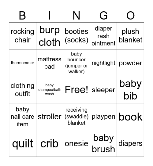 Baby Gifts Bingo Card