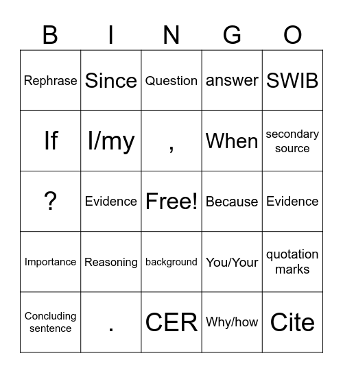 CER Bingo Card