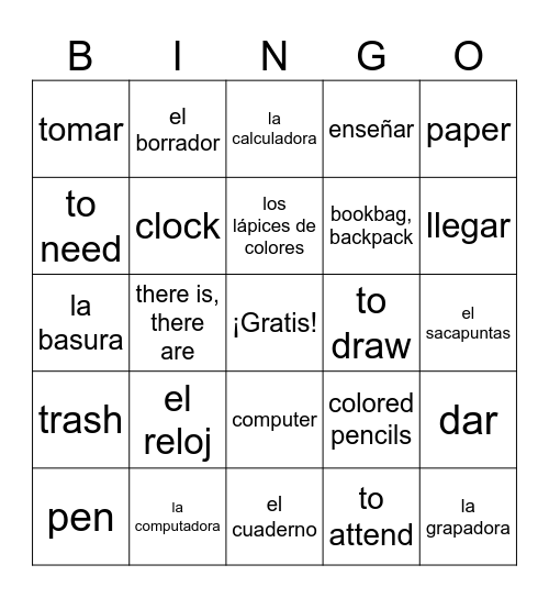 Las Cosas en Las Clases Bingo Card