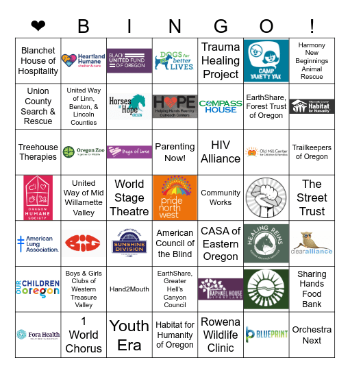 Charitable Fund Drive Bingo Card