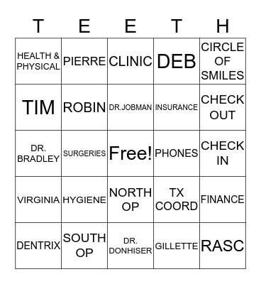 TEETH Bingo Card