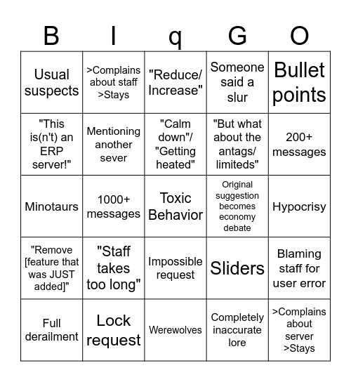 ToT Suggestions Bingo Card
