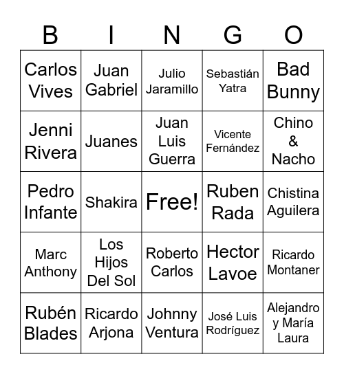 Hispanic & Latinx Singers Bingo Card