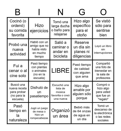 Bienestar de otoño BINGO Card