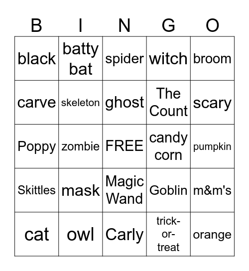 Halloween Words Bingo Card