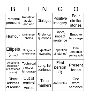 Language Passages Bingo Card