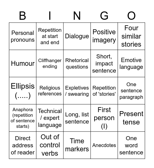 Language Passages Bingo Card