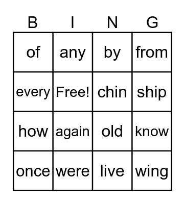 Everyday Words Bingo Card