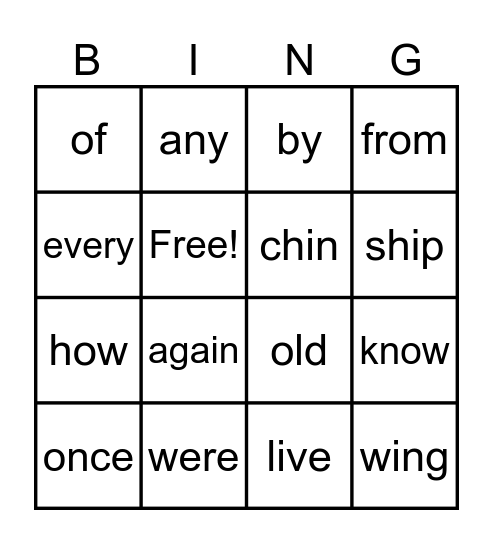 Everyday Words Bingo Card