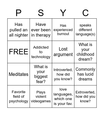 Psychology Bingo Card
