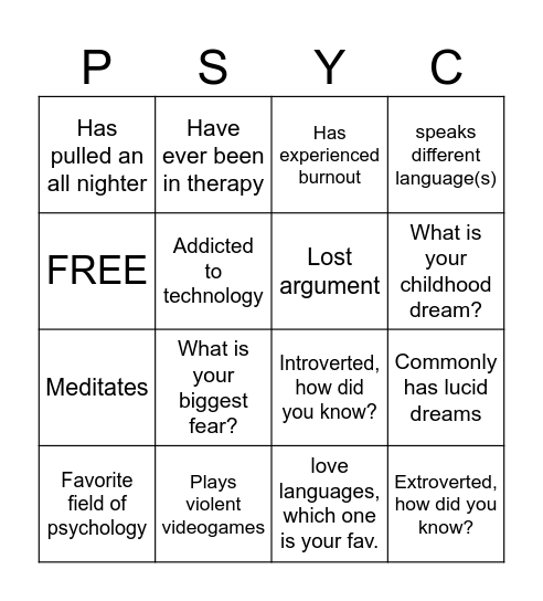 Psychology Bingo Card