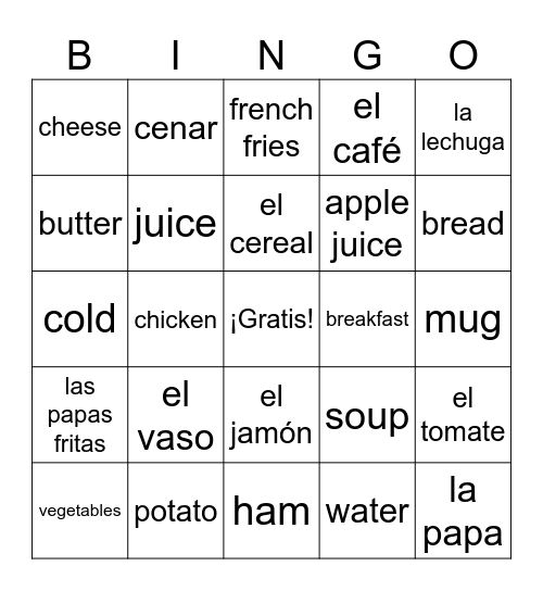 Comidas Comunes Bingo Card