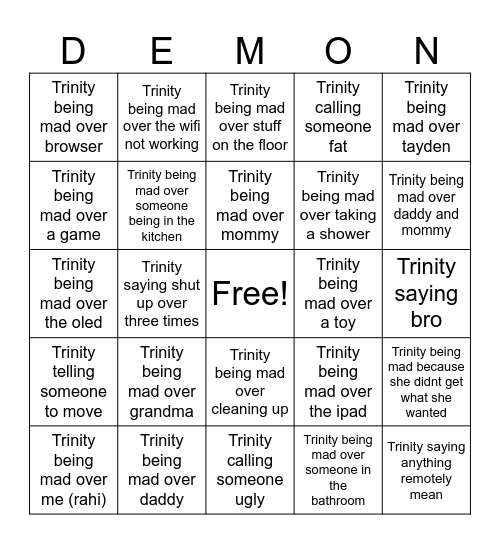 Demon Girl Bingo Card